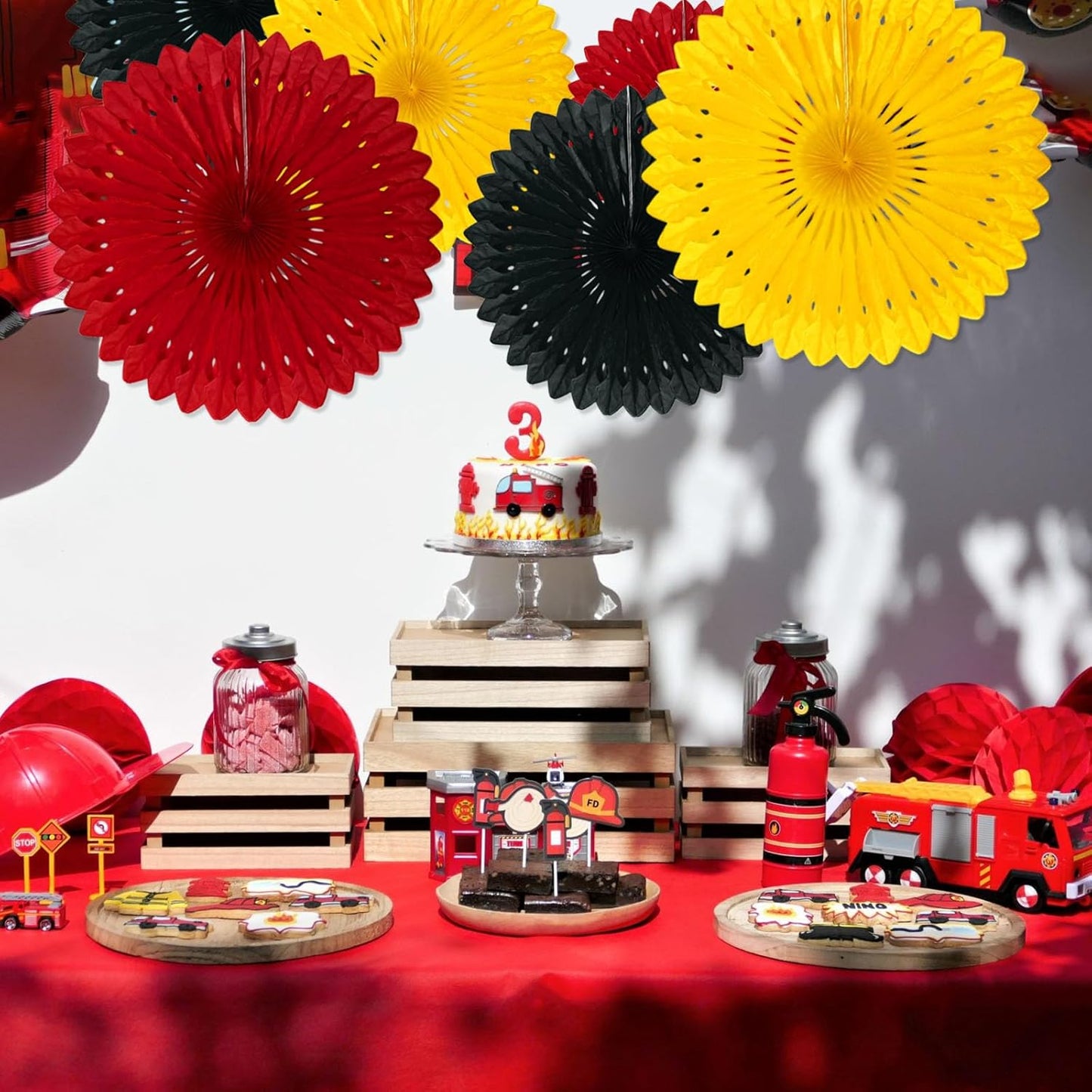 18 Pcs Black Red Yellow Hanging Honeycomb Paper Fans, Round Paper Fan Decorations for Weddings, Birthdays, Bachelorette, Photo Booth Backdrops, Baby Shower, Anniversary Events Party Supplies