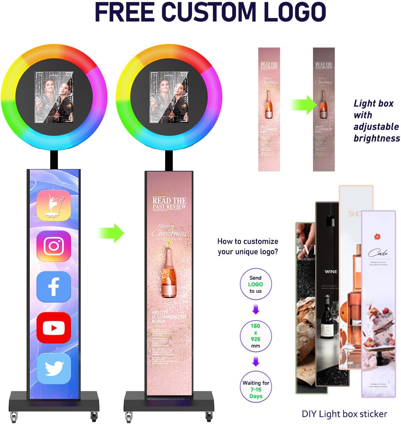 MWE Portable Photo Booth Machine Stand Compatible with Any Ipad with Software APP and Remote Control, RGB Ring Lights Music Sync, Free Custom Logo,Flight Case with Wheels (Black, Light Box)