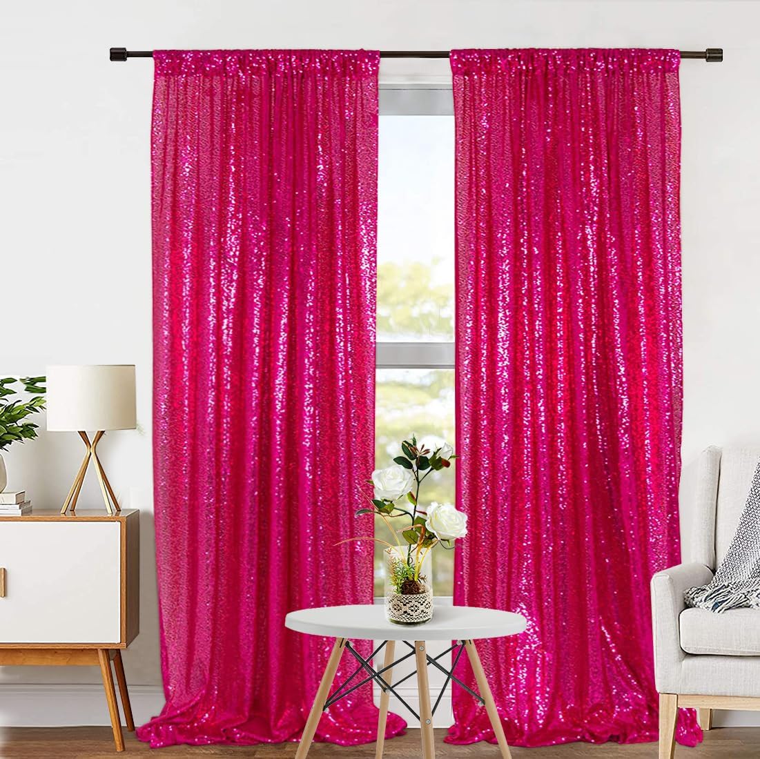 Eternal Beauty Sequin Backdrop Curtains, 2x8 Ft-2 Panels Hot Pink Back Drop for Shimmer Photography Party Wedding Birthday Decor