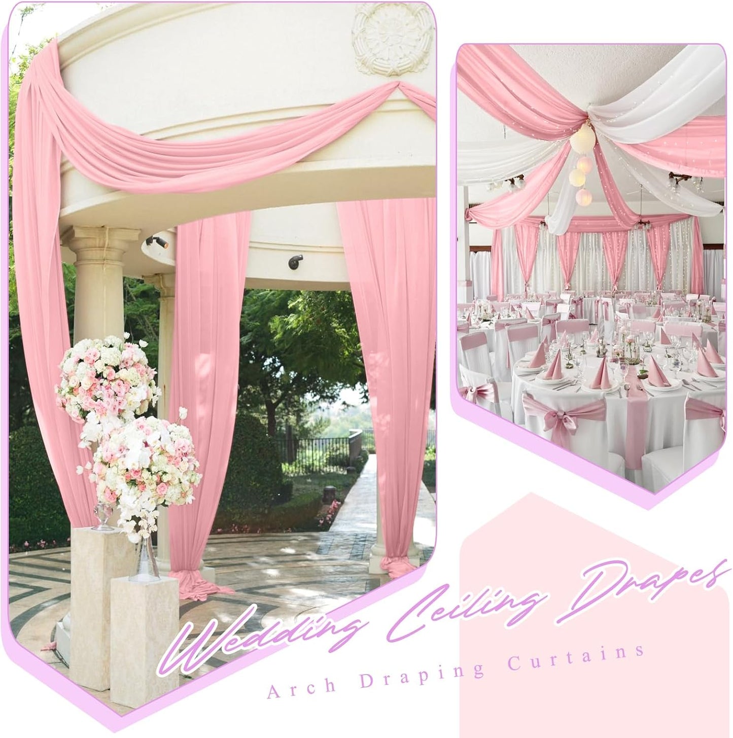 6 Panels Dusty Rose Ceiling Drapes for Wedding 5ftx30ft Chiffon Fabric Arch Draping Curtains Sheer Drapery for Party Ceremony Birthday Baby Shower Reception Stage Swag Ceiling Decorations