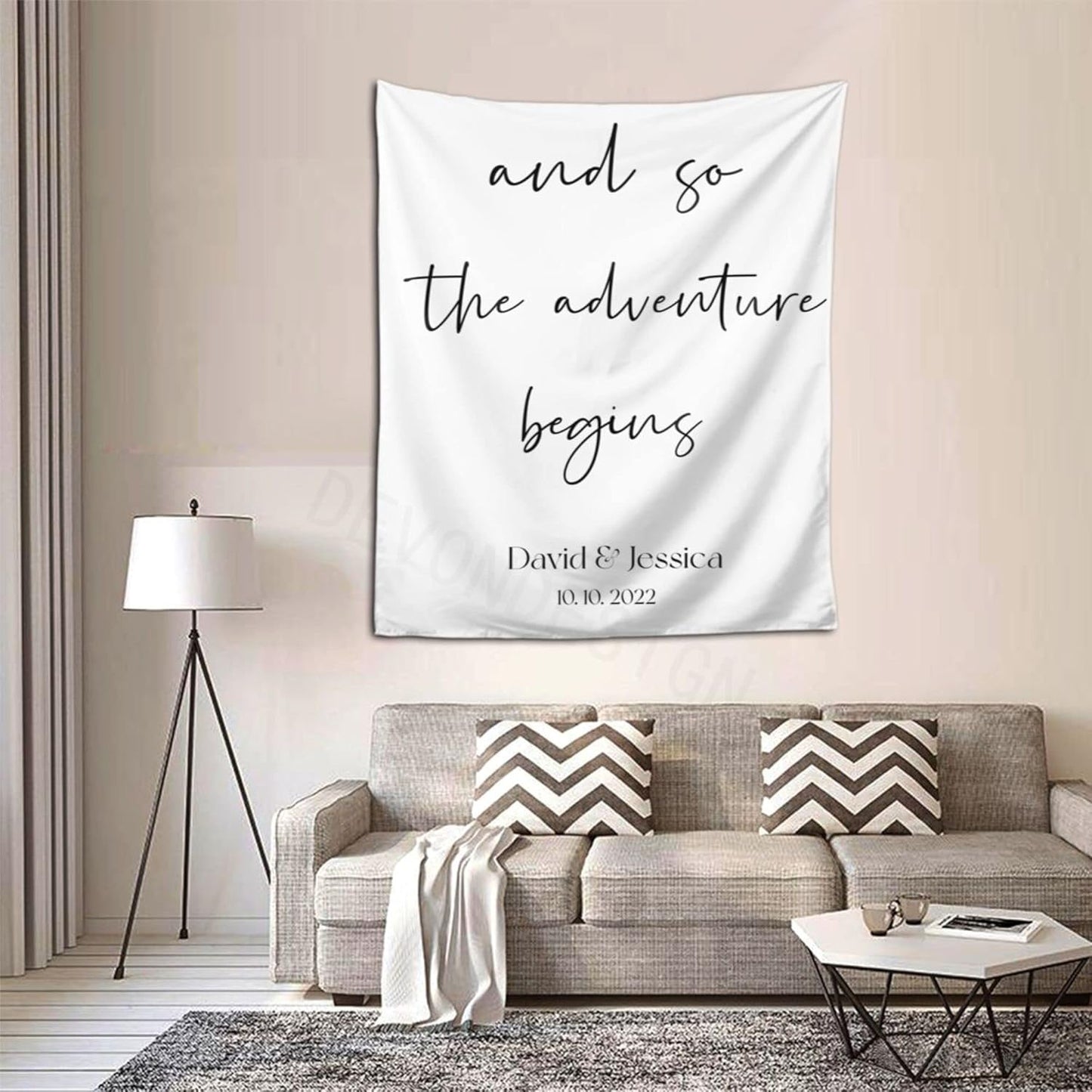 And So The Adventure Begins Custom Tapestry with Names and Date, Rustic Wedding Sign, Personalized Calligraphy Wedding Banner for Ceremony and Reception