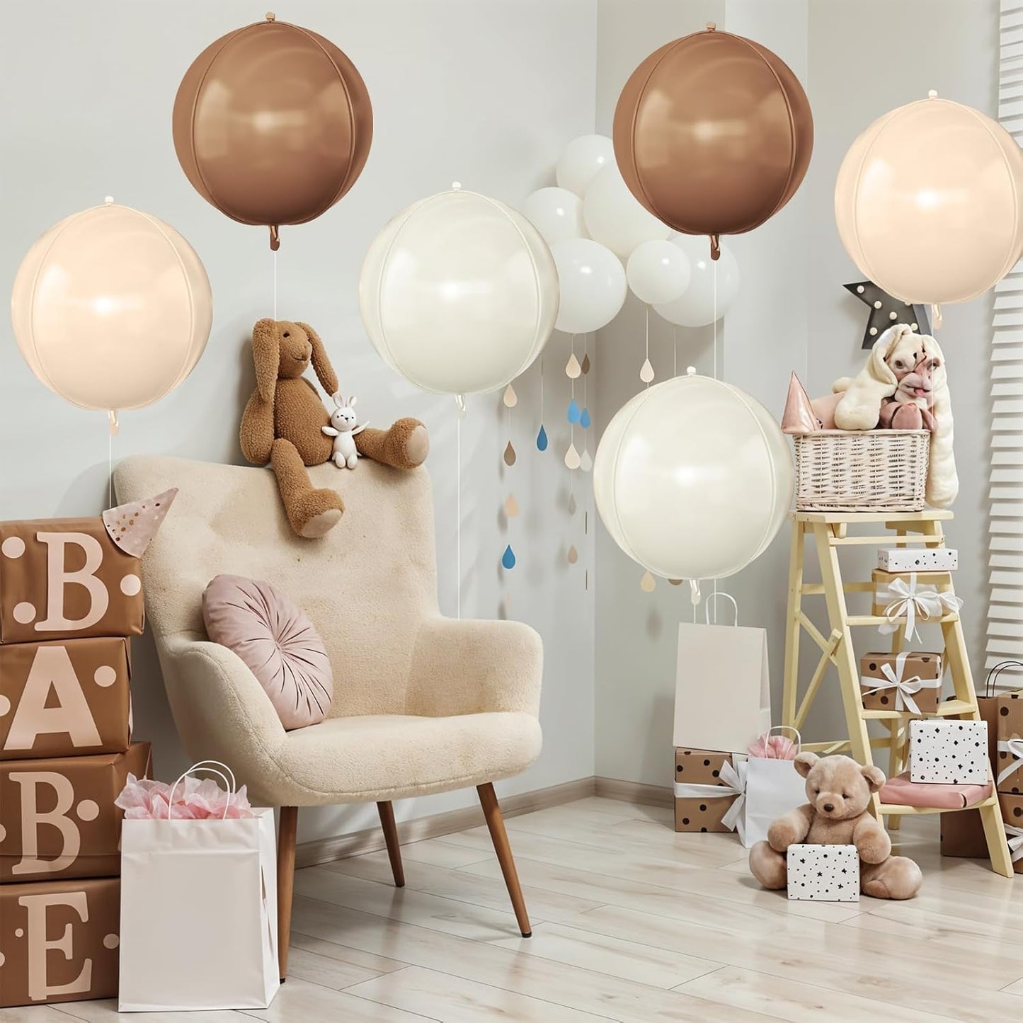6Pcs Nude Cream Beige Round Foil Balloons, 22inch 4D Apricot Brown Tan Large Ball Balloons, for Boho Birthday Wedding Baby Shower Party Backdrop Decorations