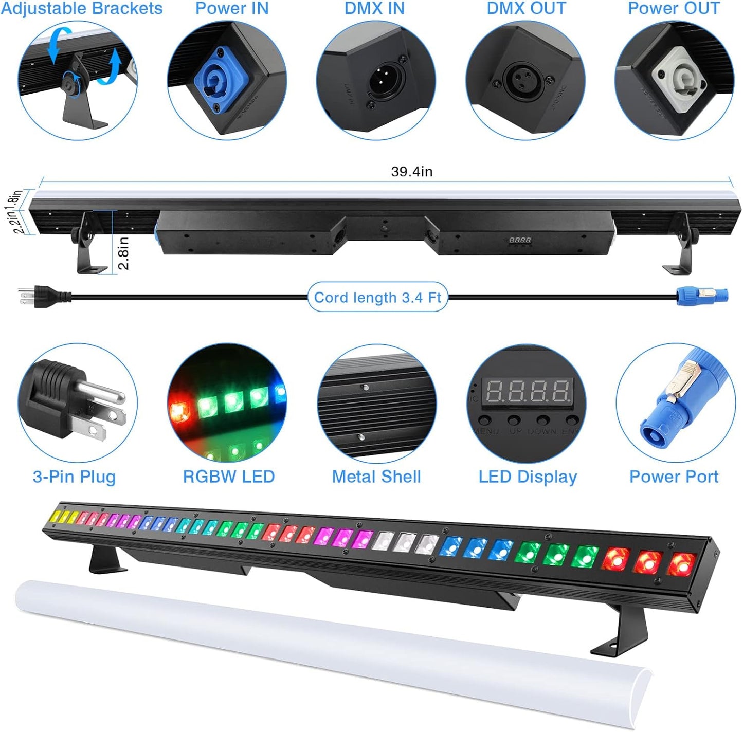 LED Stage Wash Light Bar - OPPSK 120W 36LEDs RGBW DMX Light Bar with Detachable Cover Chasing Function 41 Static Colors & 56 Shows LED Beam Light for Wedding Church DJ Live Events Stage Lighting