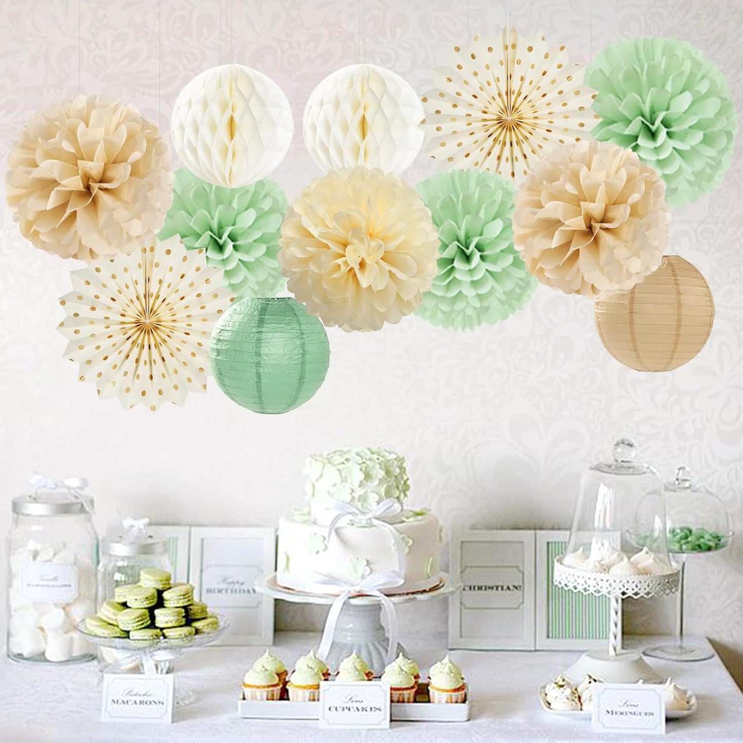 Sage-Green Beige-Champagne Party-Decorations Streamers Lanterns - 14pcs Neutral Baby Shower Paper Fan,Tissue Pom Poms,Honeycomb Balls,Boho Birthday Wedding Bachelorette Engagement Bridal Decor Ouruola