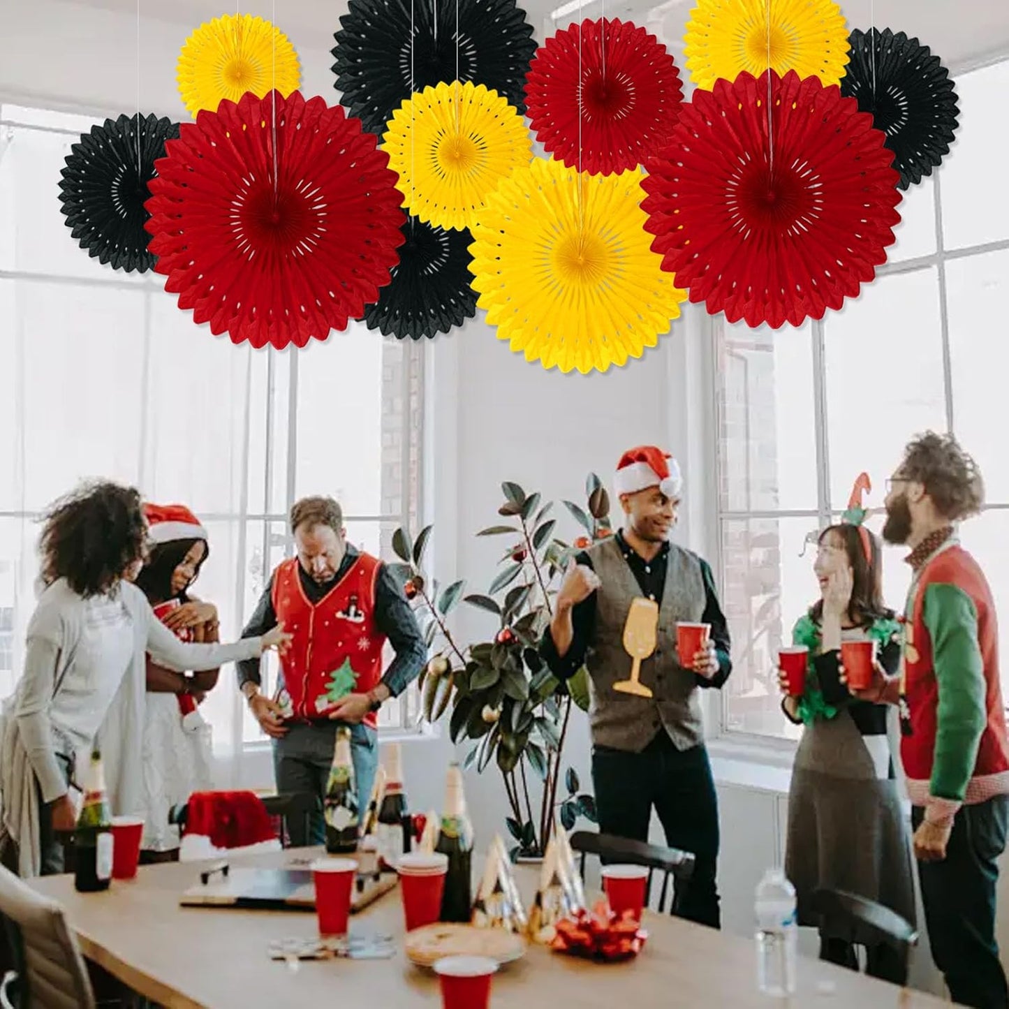 18 Pcs Red Yellow Black Hanging Paper Fan, Hanging Honeycomb Round Paper Fans for Weddings, Birthdays, Christmas, Baby Showers, Classroom, Events Ceiling Party Supplies Decorations