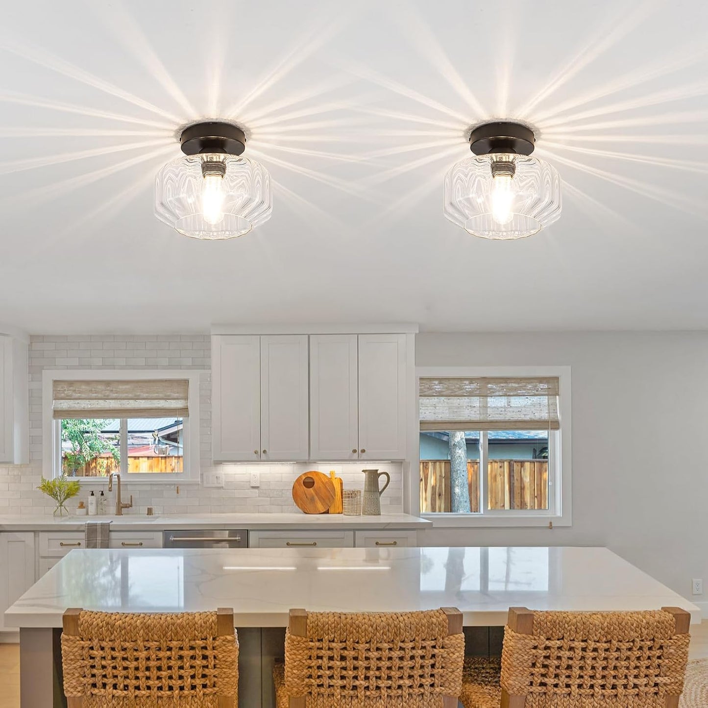 Semi Flush Mount Ceiling Light with Hexagonal Diamond Textured Glass, Matte Black Base & Includes 1200LM LED Bulb - Kitchen Lighting, Hallway Light Fixture, Bathroom Ceiling Light Fixture