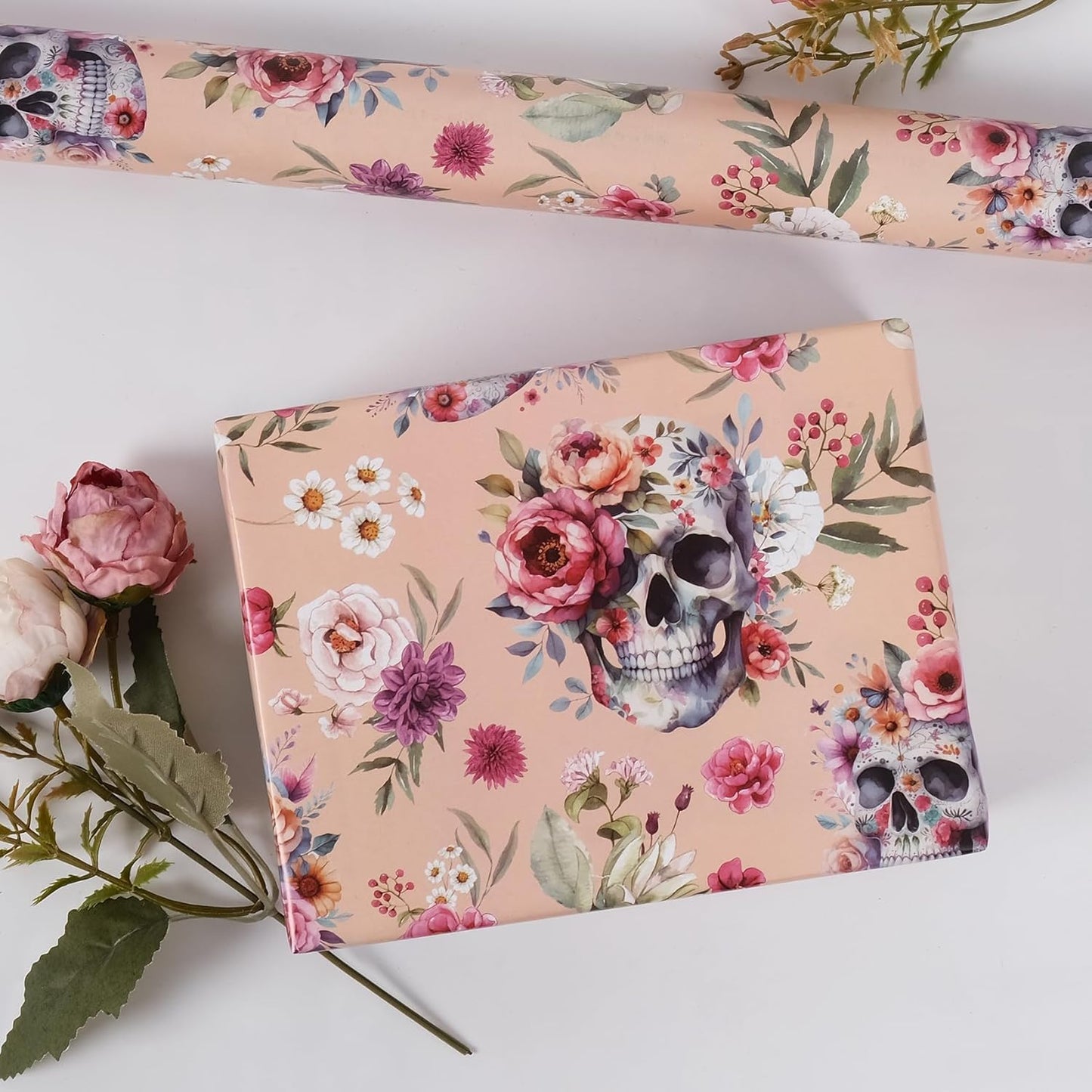 Aimyoo Gothic Wrapping Paper Roll, 17 Inch X 33 Fee Skull Floral Berry Design Gift Wrap Paper for Mother's Day, Birthday Bridal Shower