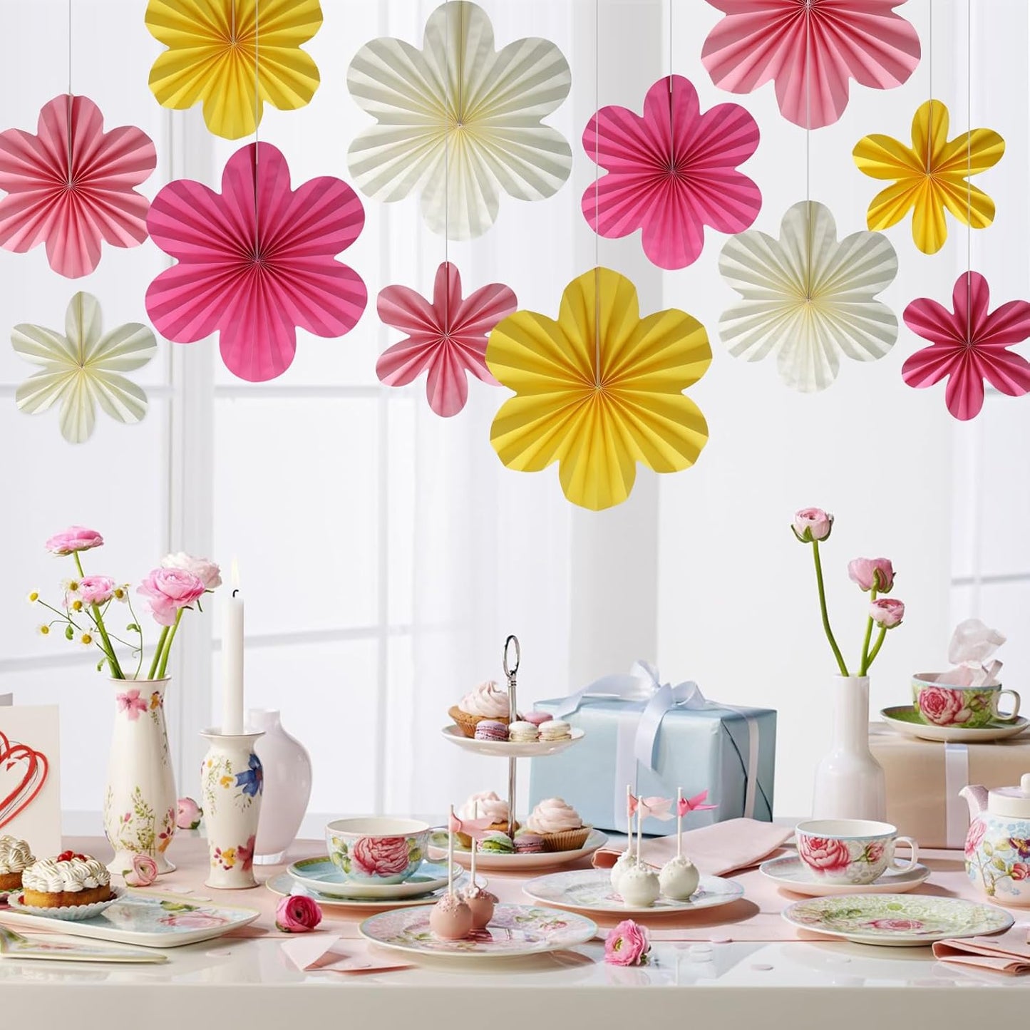 BestoFun 12 PCS Paper Flowers Fans Pink and Yellow Party Decorations Paper Flowers Decorations for Wall Girl Groovy Birthday Baby Shower Wedding Bachelorette Room Hanging Décor