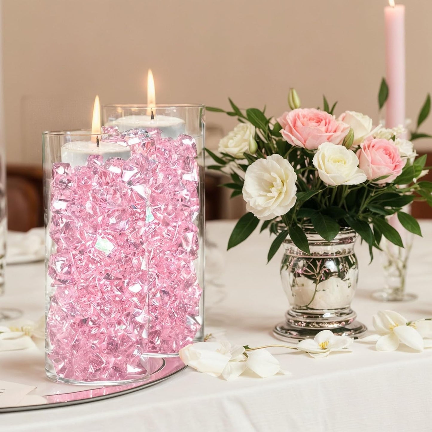 DomeStar Dazzling Pink Ice Rocks, 180PCS Holographic Acrylic Crushed Ice Sparkling Fake Diamonds Holographic Plastic Gems for Vases Fillers Table Scatter Decoration