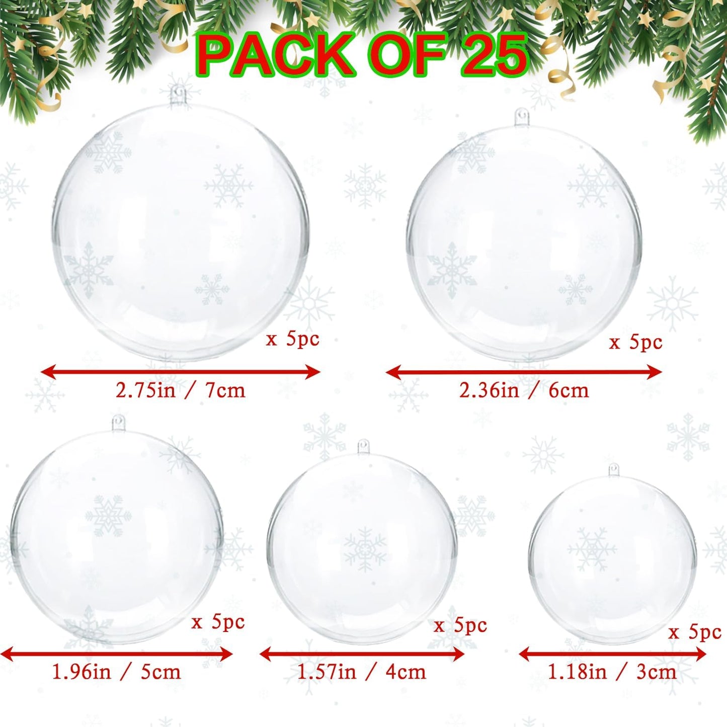 Christmas Ornaments Balls 25pcs Clear Plastic Fillable Ornaments for Crafts Bulk, DIY Hanging Transparent Round Ball Ornaments for Christmas Tree Decorations Home Decor Wedding Birthday Party Supplies