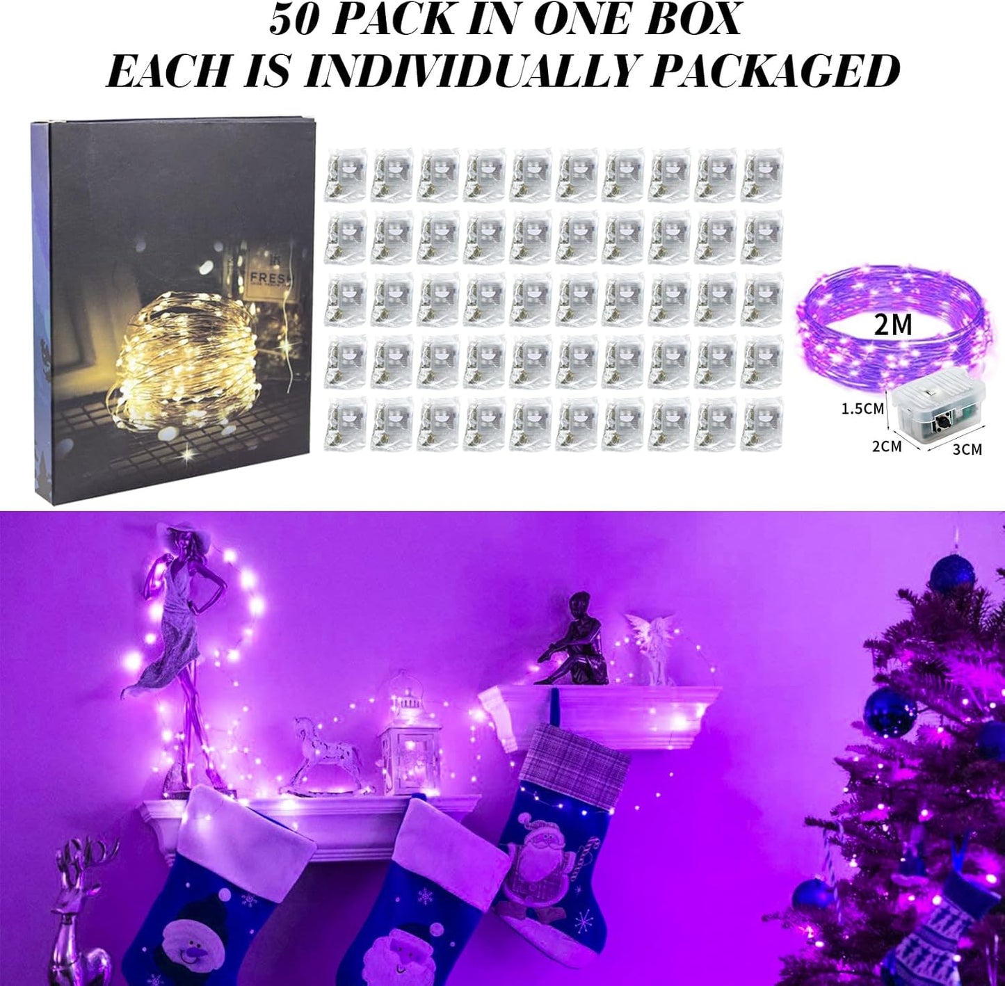 ZGWJ 50 Pack Fairy Lights Battery Operated, 7ft 20 Mini LED Fairy String Lights Silver Wire 3 Modes for DIY, Parties, Wedding, Bedroom, Halloween Christmas Decoration Purple
