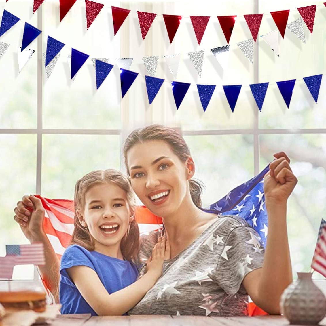30 Ft Red Silver Blue Triangle Pennant Banner Bunting Hanging Paper Flag Garland for 4th of July American Independence Day USA National Day Patriotic Graduation Wedding Hen Party Decorations Supplies