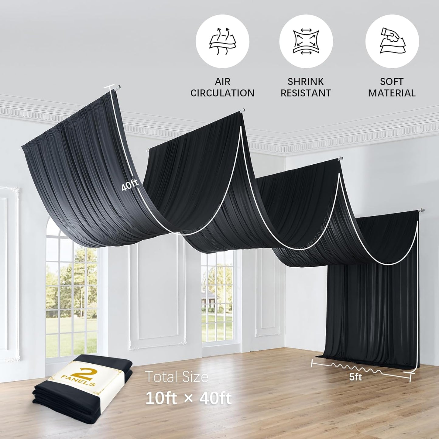 PartyVillage 10ftx40ft Black Ceiling Curtain for Halloween Parties – 2 Panels Wrinkle-Free 40 FT Long Tent Draping Curtains for Wedding, Birthday & Theme Parties, 40ft Height with Rod Pocket
