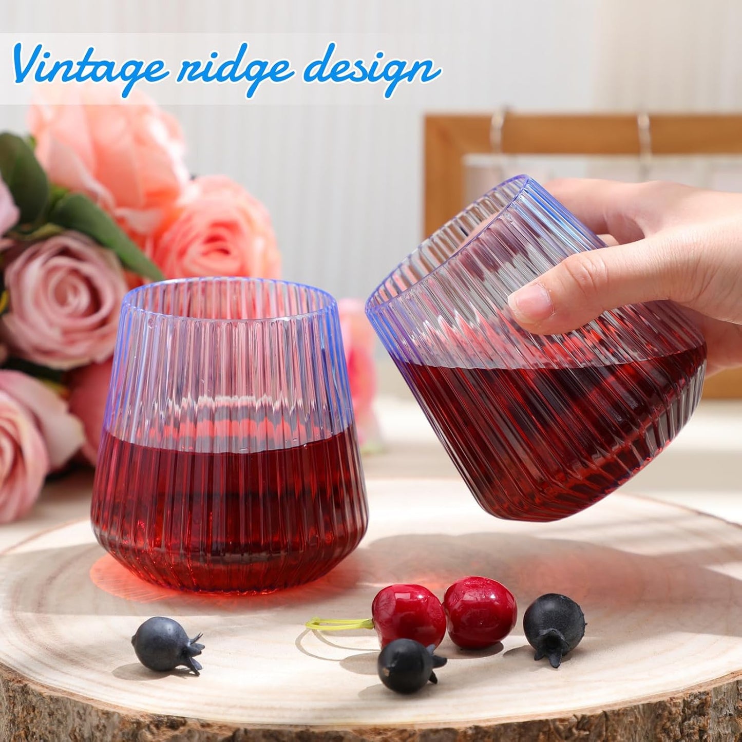 Suclain Plastic Wine Glasses Ribbed Stemless Wine Glasses 14oz Vertical Design Unbreakable Cups for Outdoor Indoor Vintage Elegant Champagne Whiskey Cups for Party Wedding (Blue,20 Pcs)