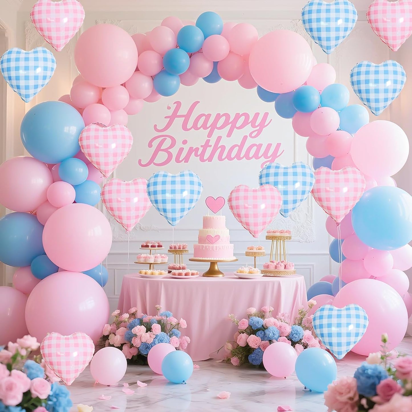 Pink Blue Checkered Heart Balloons,12Pcs 18Inch Blue Pink Grid Heart Shaped Foil Helium Polyester Film Balloons for One Silly Goose Birthday Baby Shower Party Decorations