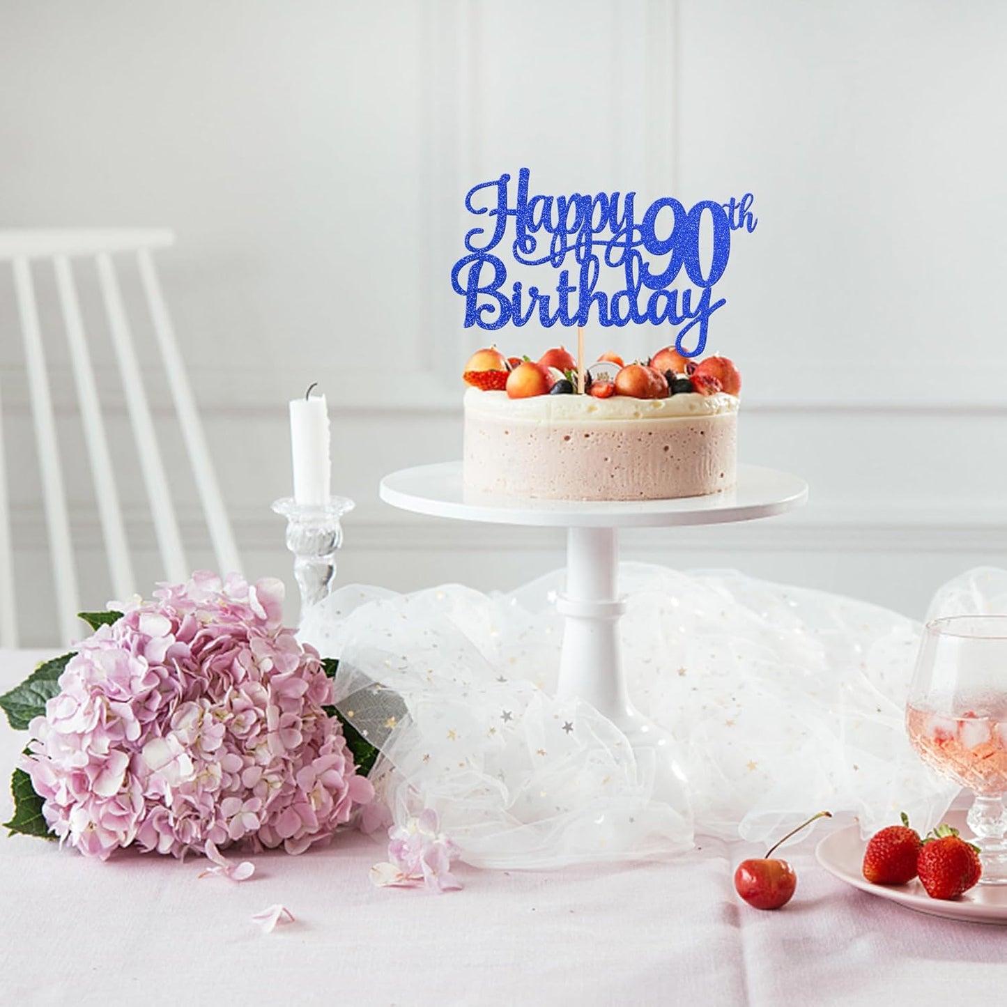 1 PCS Happy 90th Birthday Cake Topper Glitter Cheers to 90 Years Birthday Cake Pick Ninety 90 Fabulous Cake Decoration for Happy 90th Birthday Theme Party Decorations Supplies Blue