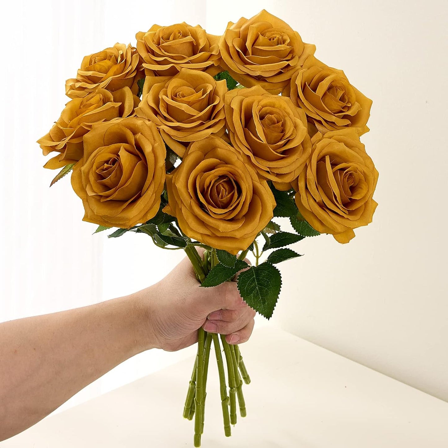 Artificial Rose 10pcs Open Flower Bouquet Faux Rose Stems for Wedding Arrangement, Bridal Bouquet, Centerpiece, Fake Faux Silk Flowers (Mustard Yellow)