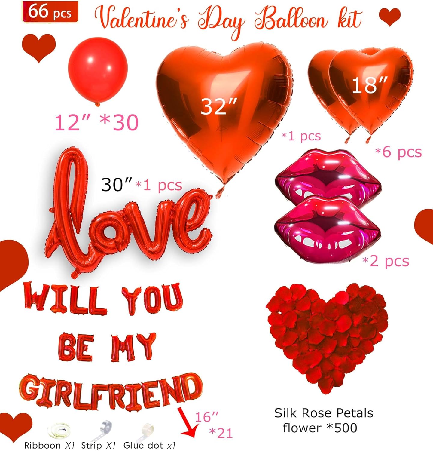 16 Inches Red 'WILL YOU BE MY GIRLFRIEND' Confession Letter Balloons with red balloons,Heart-Shape, lips, love Foil Balloons and Rose Petals for Romantic Special Night Decorations and Valentines Day