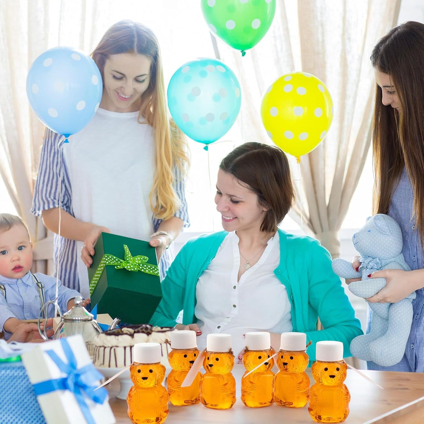 96 Sets 2 oz Plastic Honey Bear Bottle Bear Shape Clear Empty Honey Jar 96 Tags 2 Rolls Jute Rope Honey Containers Empty Honey Dispenser for Baby Shower Party Favors Gifts (White Lid)