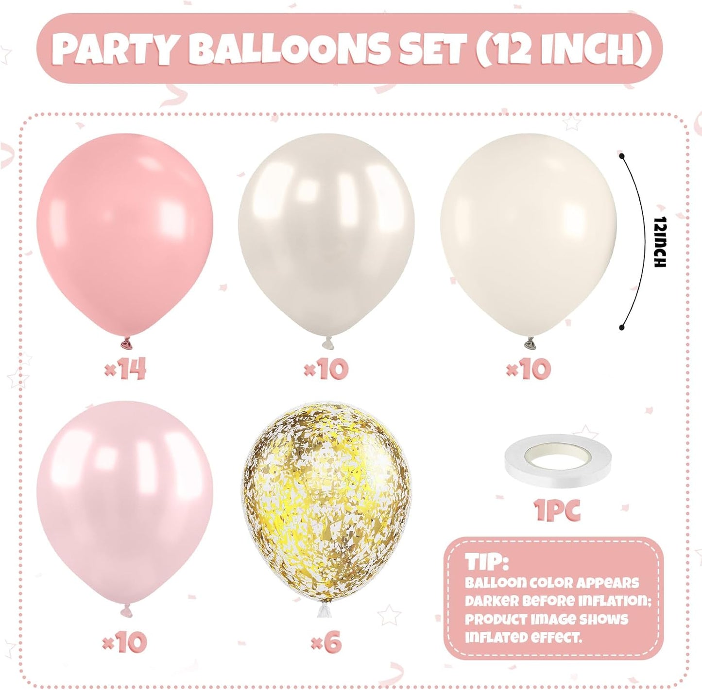 Pink and Gold Balloons, 50Pcs 12 Inch Retro Blush Pink Cream White Double Stuffed-pink Metallic Gold Confetti Boho Ballon for Birthday Bridal Shower Wedding Party Decorations