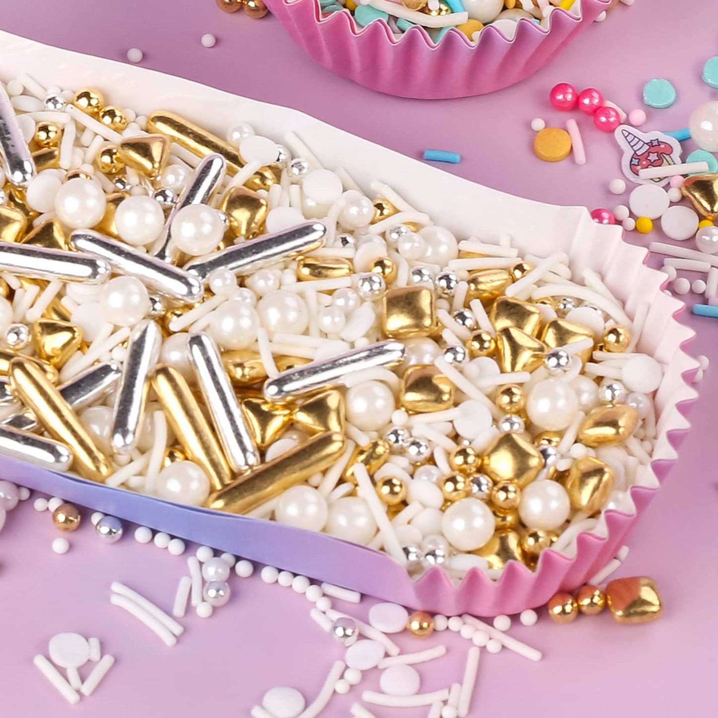 White Deluxe Gold Sprinkles for Cake Decorating 7ounce - Gold Sugar Pearl Metallic Sprinkles for Cupcake Toppers, Ice Cream, Candy, Cookie Decorations - Jimmies, Confetti for Wedding Party Celebrations