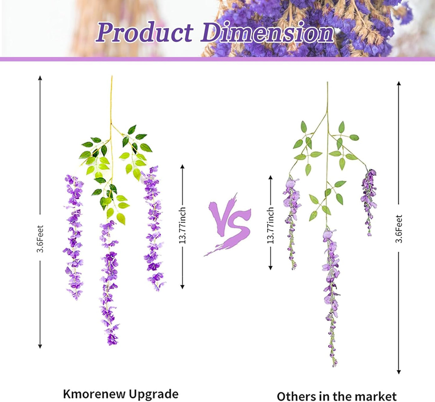 12 Pack Purple Wisteria Hanging Flowers Garland, 3.77 Feet Artificial Flower Vines, Fake Wisteria, Artificial Vines Hanging Garland for Backdrop Outdoor Yard Garden Decor