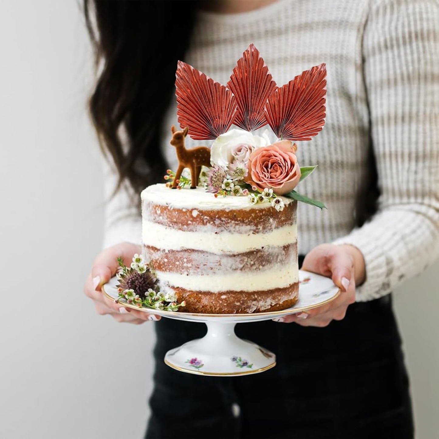 Ephlyn 6Pcs Paper Palm Leaves Fan Cake Toppers Palm Leaf Fan Cake Picks Craft DIY Fan Palm Spear Leaves Cake Decorations for Wedding Birthday Party Supplies Bright Rose Gold