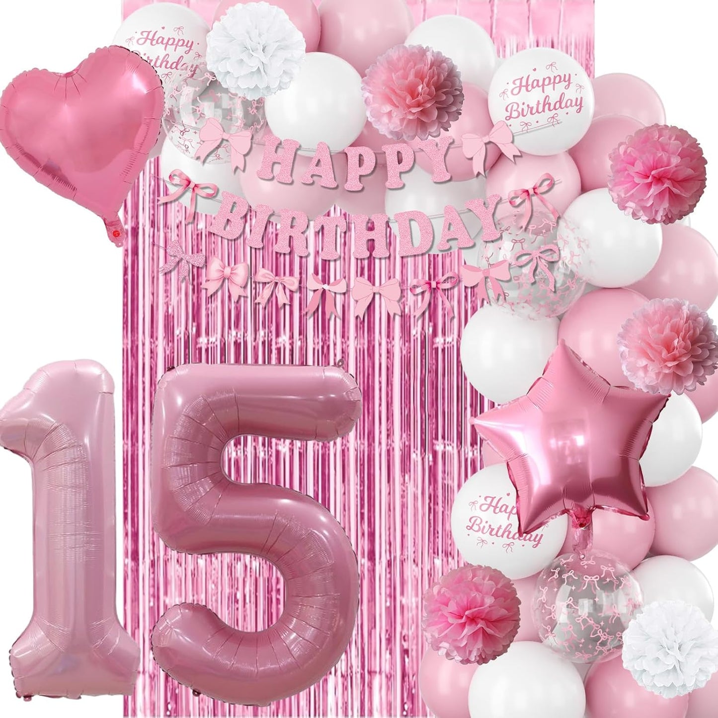 15th Birthday Decorations for Girls Pink Number 15 Balloon Bow Coquette Happy Birthday Banner Fringe Curtain Paper Pom Poms Star Heart Foil Pink White Balloons 15 Year Old Party Decor