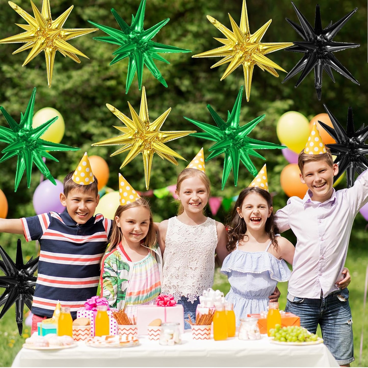 Black Green Gold Star Balloons,9Pcs 22Inch Black Green Gold Explosion Spike Cone Helium Polyester Film Star Foil Balloons for Birthday Anniversary Baby Shower Wedding Disco Party Decorations