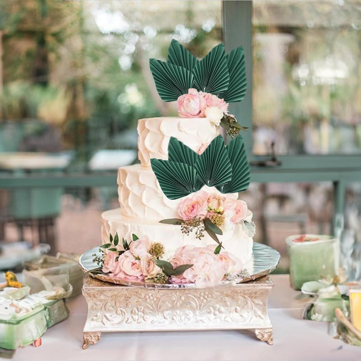 Ephlyn 6Pcs Paper Palm Fan Cake Topper Palm Leaf Fan Cake Pick Decoration for DIY Cake Bakeware Baby Shower Wedding Bridal Shower Birthday Anniversary Party Cake Decorations Green