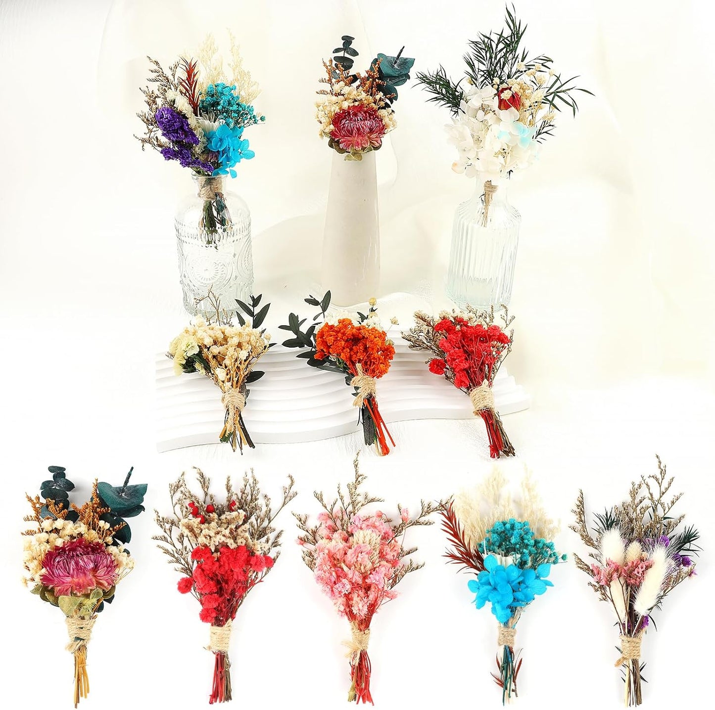 10Pcs Mini Dried Flower Bouquet Colourful Natural Boho Dried Flowers Set Mini Natural Real Plants for Wedding Table Centerpieces Gift Box Cake Bottle Decor Home Vase Decorations DIY Craft