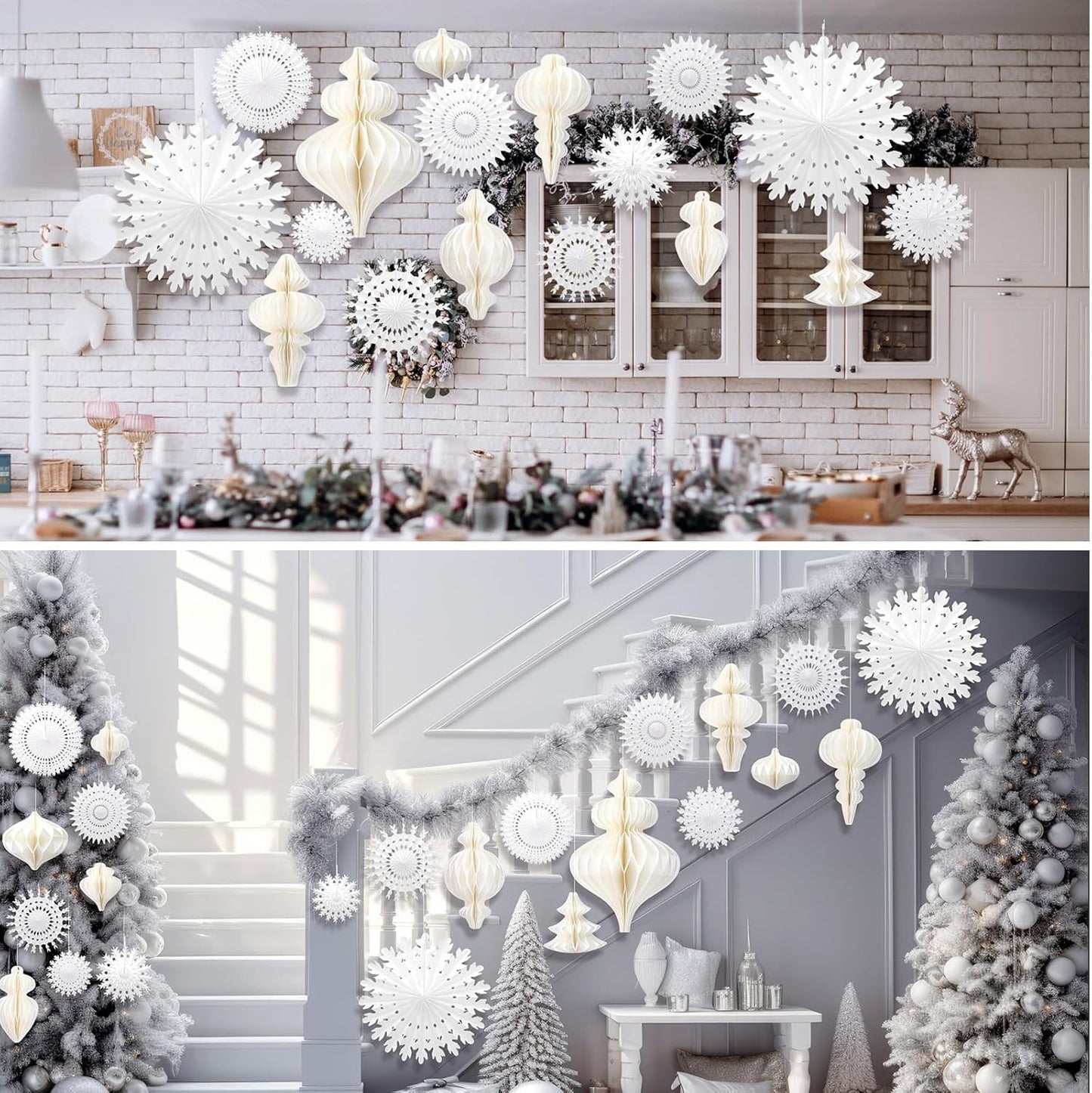 Cinnvoice 16 Pcs White Paper Snowflake Decorations 12 Pcs Christmas Paper Honeycomb Balls Ornaments Xmas Hanging Decorations Birthday Party Supplies for Christmas Tree Winter Party Wonderland