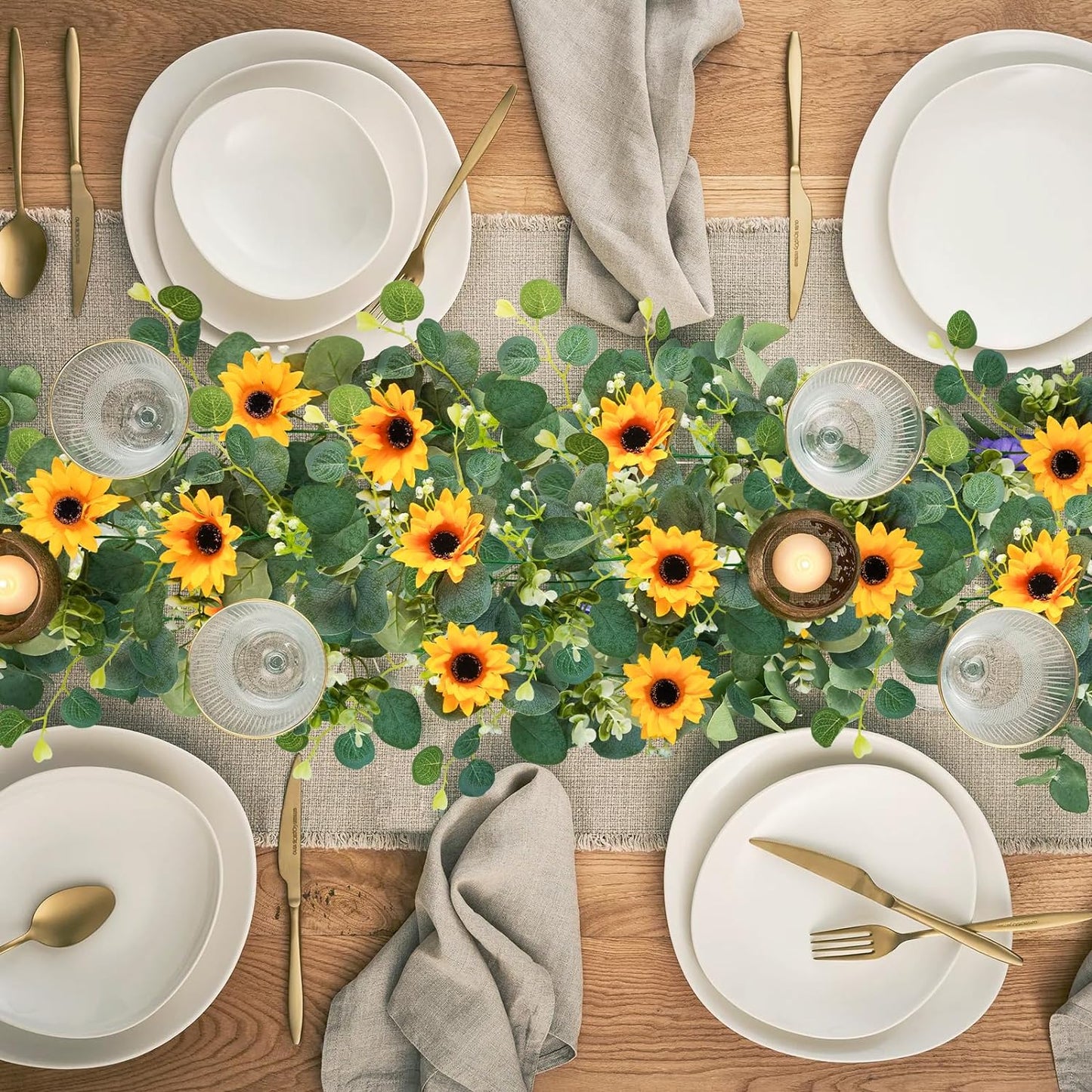 Uieke 2 Pack Artificial Sunflower Garland, 6ft/Strand Silk Sunflowers Hanging Vines Flowers Garland with Green Leaves for Room Kitchen Garden Birthday Wedding Baby Shower Party Table Decor