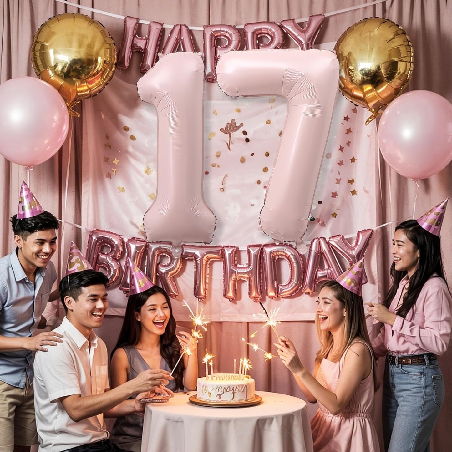Pastel Pink 17 Balloon Number for Girls, 40'' Self Inflating Number 17 Balloons, Big Light Blush Pink Foil 1 & 7 Helium Balloon 17 for Women Boho Coquette 17th Birthday Party Anniversary Decorations