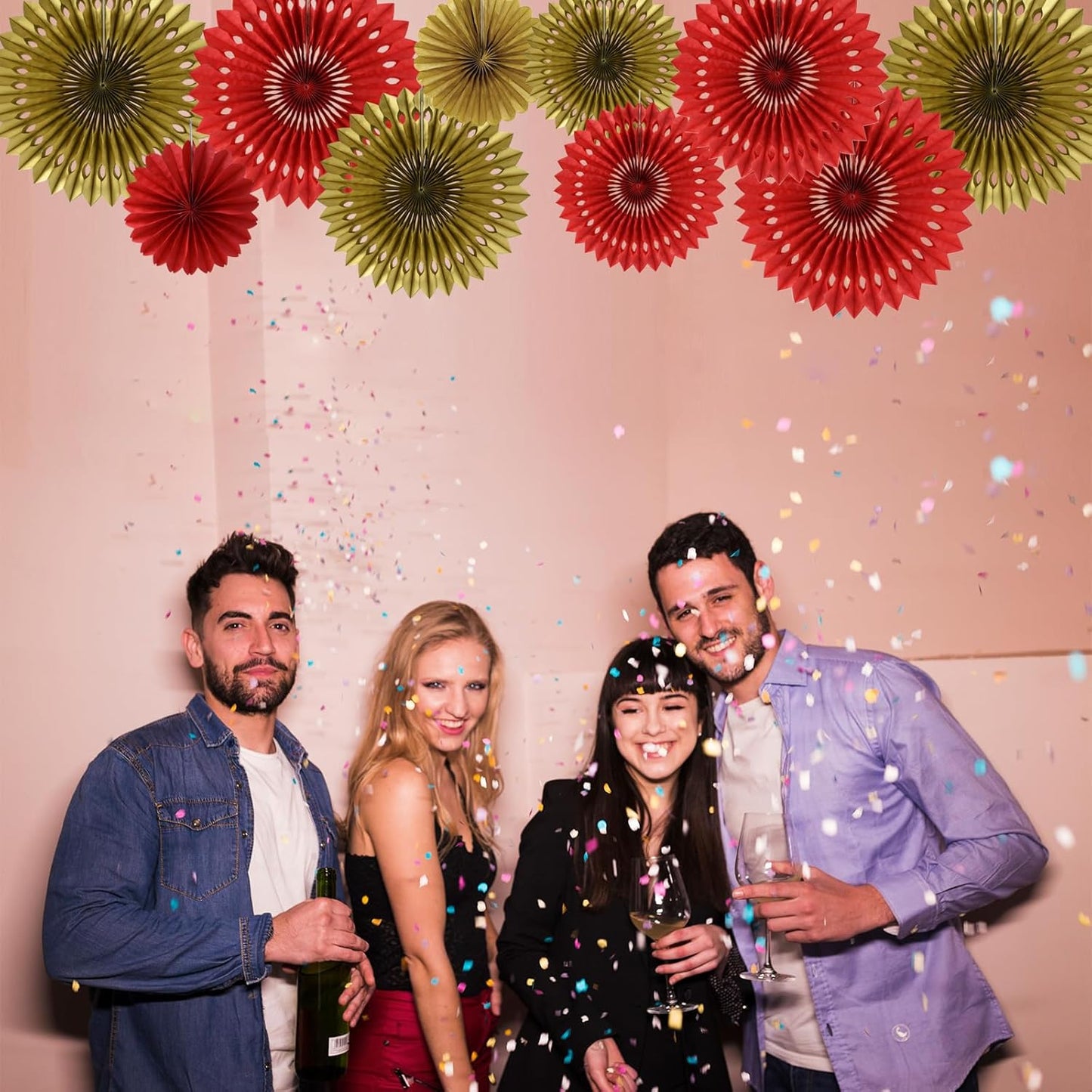 BEISHIDA Red Gold Hanging Honeycomb Round Paper Fans Decoration Wedding Theme Tissue Paper Fan Garland for Birthday Anniversary Bachelorette Graduation Party Christmas New Years Supplies(10packs)