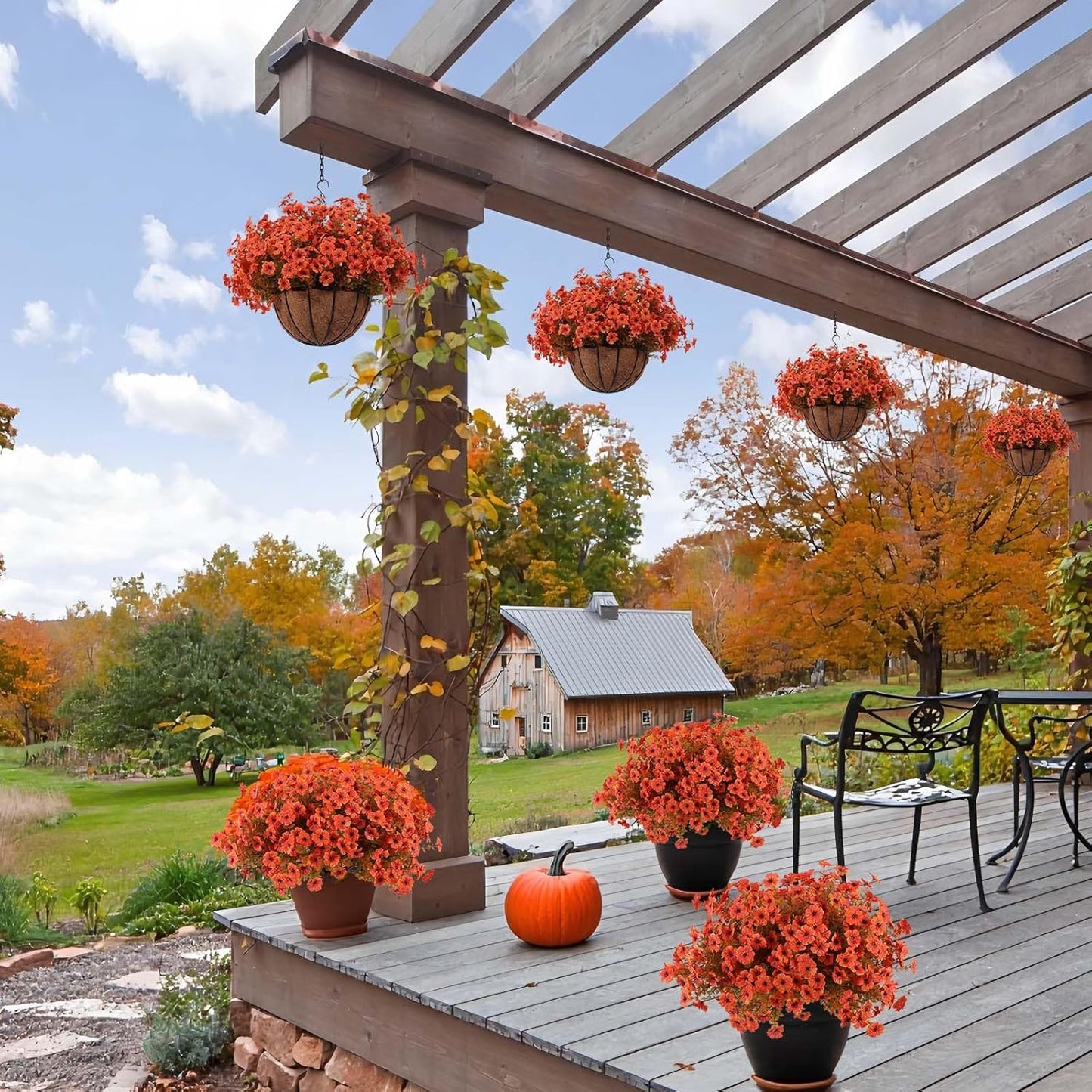 Hananona 36 Pcs Artificial Mum Flowers for Outdoors, Faux Fall Mums Silk Flower for Outside, Fake Orange Flowers for Fall Patio Front Door Planter Autumn Halloween Home Decorations (36, Orange)