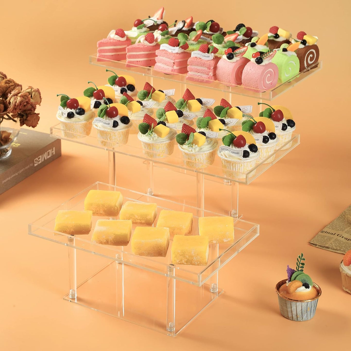 3 Pack Dessert Table Display Set, Clear Acrylic Desert Stands Buffet Risers for Cupcakes Dessert Pastry Food Treat Tier Cookie Dessert Platter Serving Trays Stand for Wedding Birthday Party