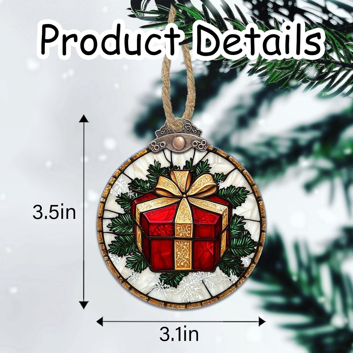 Stained Glass Christmas Decorations, Red Gift Gold Ribbon Suncatcher for Window Christmas Tree Hanging Ornaments Retro White Sun Catcher Xmas Decor Gifts for Women Men Mom Nana Friend