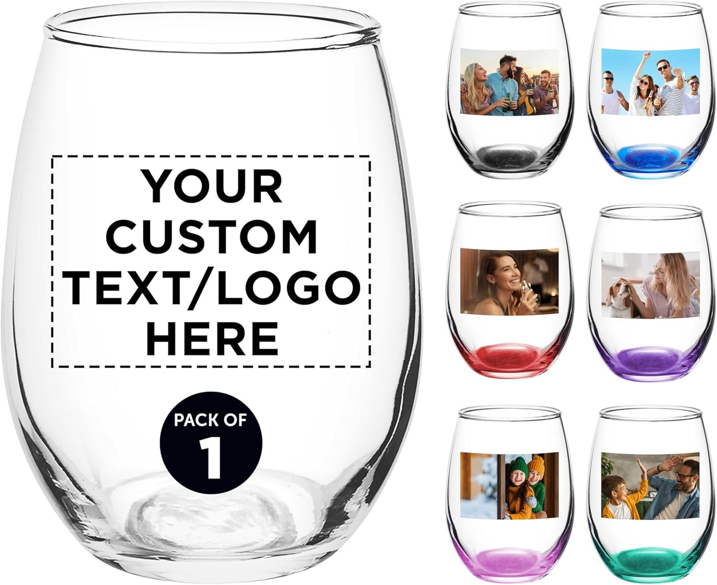 DISCOUNT PROMOS Custom Stemless Wine Glass 9 oz. Set of 1, Personalized text, logo and picture - Great for Wedding Favors, Bachelorette Party Decorations, Party Favors, Color Bottom - Clear