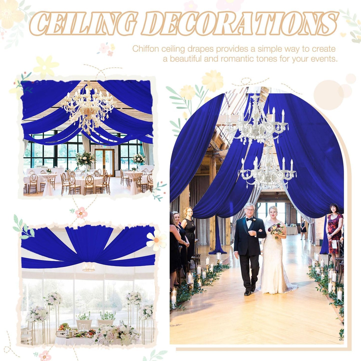 FUHSY Royal Blue Ceiling Drapes for Wedding Arch Draping Fabric Chiffon Wedding Drapery 4 Panels 5x20FT Sheer Curtains Drapes Tulle Backdrop for Reception Party Ceiling Decorations Arch Drapes Wedding