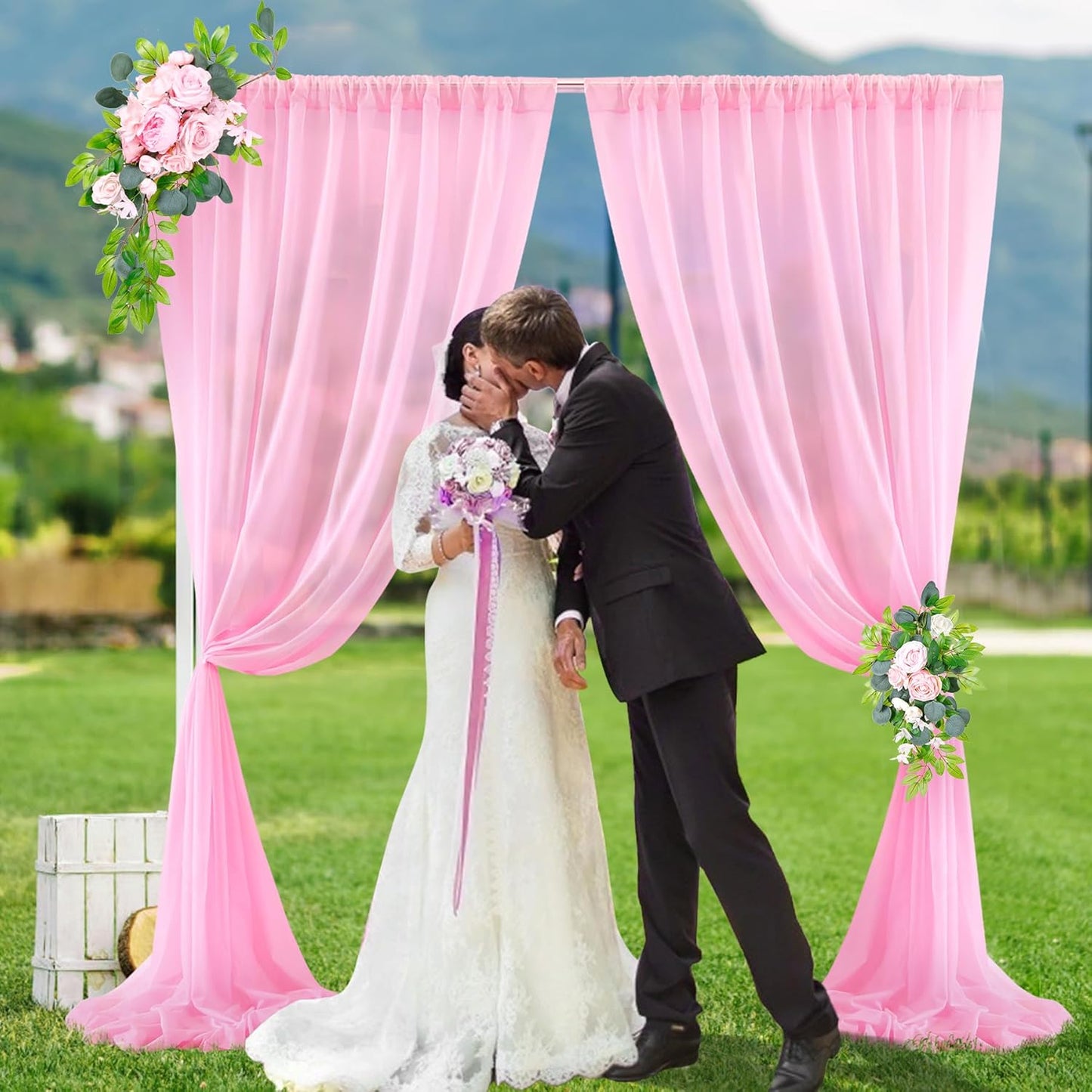 PARTISKY 10x7ft Pink Chiffon Backdrop Curtains, Wrinkle-Free Sheer Fabric Photo Drapes for Wedding Ceremony Arch Birthday Baby Shower Photography Stage Decor 5x7ft, 2 Panel