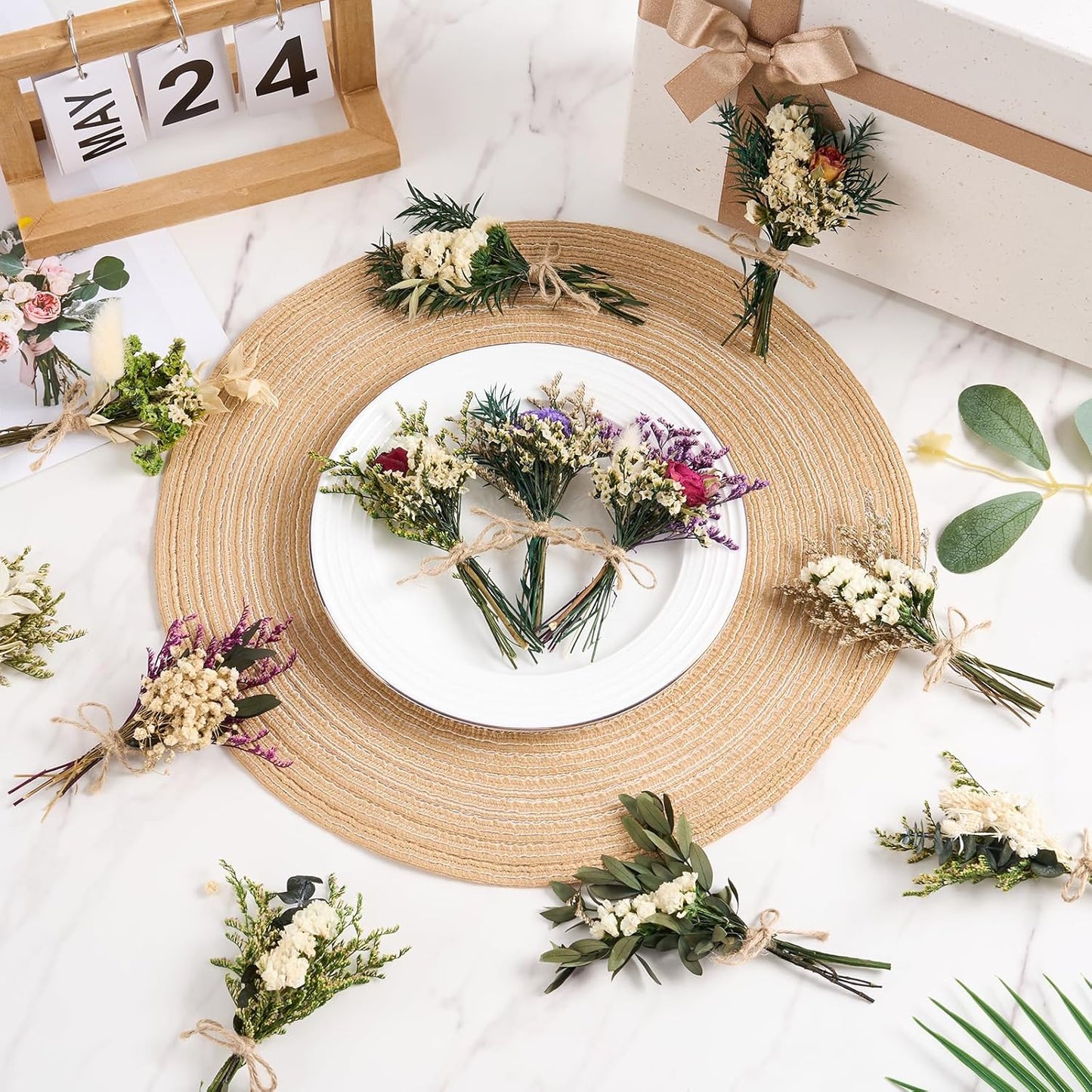 12/24 PCS Charming Dried Flowers Bouquet for Vase Various Dried Wildflowers with Stems Mini Handmade Wildflowers Natural Real Flowers Bulk Flowers Craft (White Series, 12 PCS)