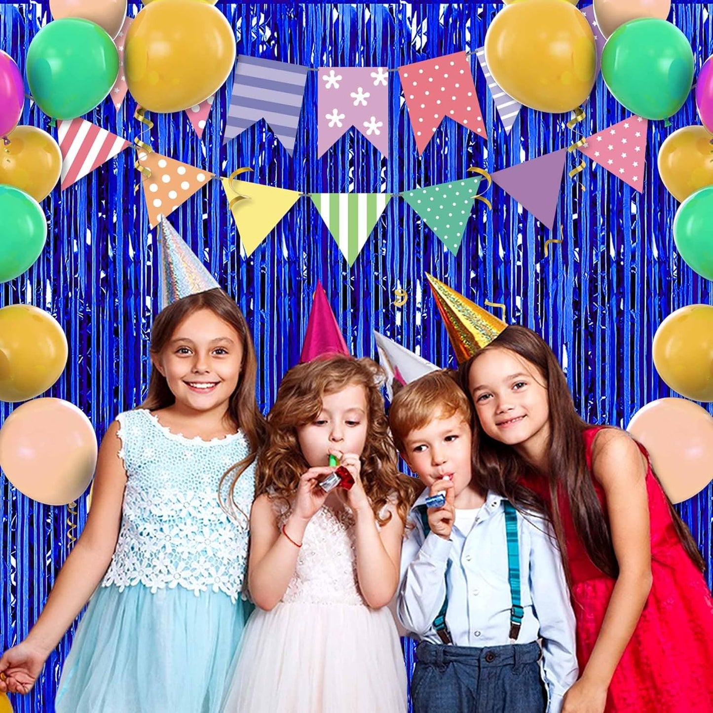 6 Pack 3.28x9.8 Ft Blue Foil Fringe Backdrop Curtains, Metallic Tinsel Streamers Curtains Backdrop for Photo Booth, Hallowmas, Christmas, Graduation, Disco, Celebration Party Decoration