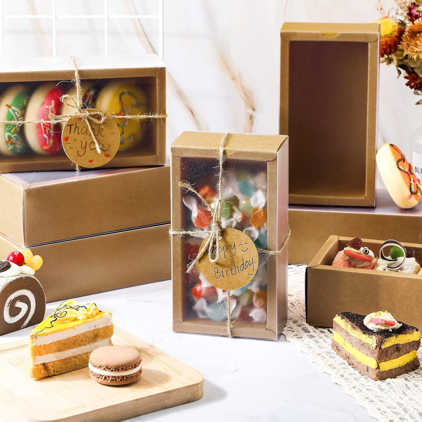 Roowest 50 Sets Kraft Soap Boxes Rectangle Packaging Box with Window Homemade Gift Box with Blank Tags and Jute String for Jewelry Candy Wrapping Party Favor(6.3 x 3.5 x 2 Inch,Kraft Color)