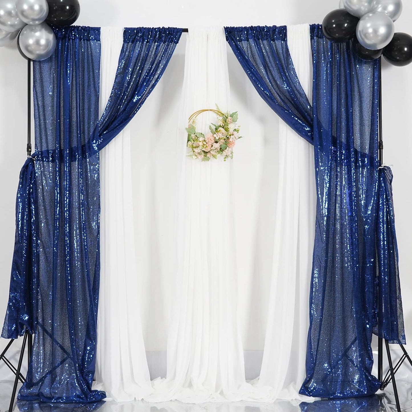 Poise3EHome 2ft x 8ft Blue Sequin Photography Backdrop Curtains 2 Panels for Party Decoration, Navy Blue