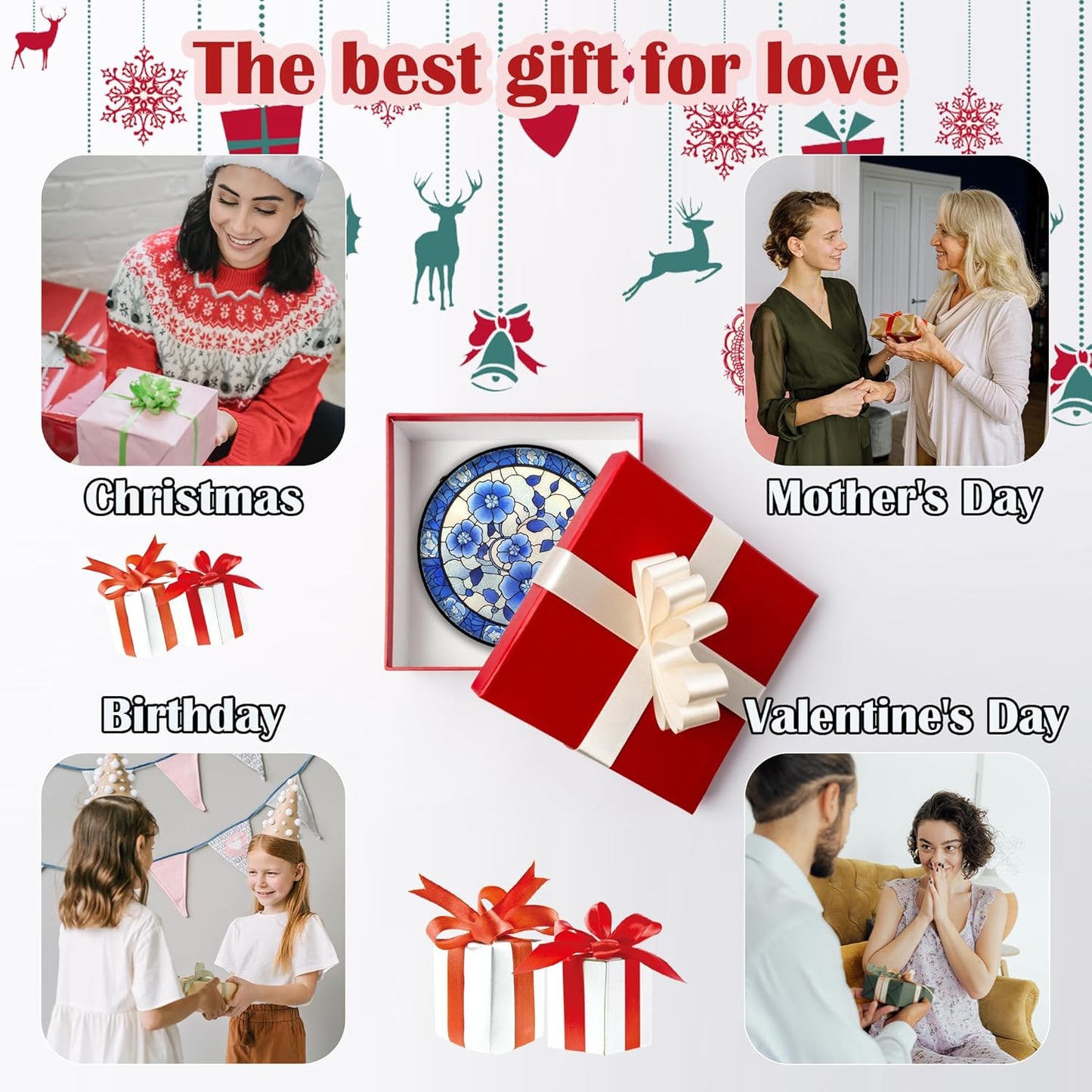 Stained Glass Window Hanging, Blue and White Plum Blossom Sun Catcher for Door Home Decor Flowers Suncatcher Christmas Mother's Day Birthday Gifts for Women Men Mom and Nana 15 in