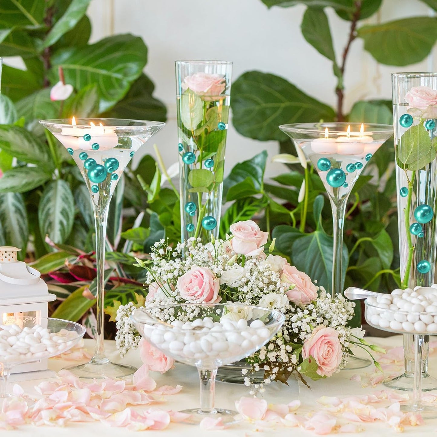 100PCS Lake Green Faux Pearls Beads for Centerpiece Vases, Vase Filler Faux Pearls, No Holes Filler Beads for Party Anniversary Birthday Wedding Table Decor, 14/20/30mm