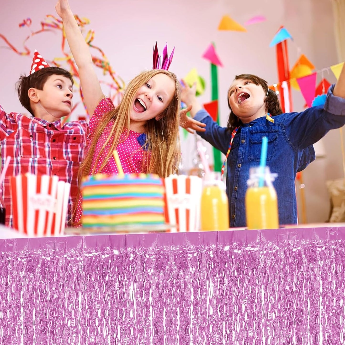 4P Wavy Metallic Tinsel Foil Fringe Table Skirts for Rectangle Tables Backdrop Garland Curtains for Parade Floats Wedding Birthday Parties Decoration Graduation 2025 Christmas (Pink)