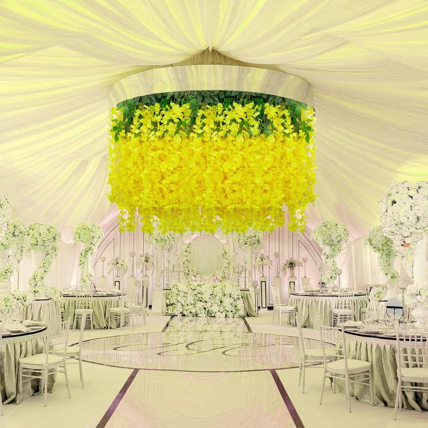24 Pack Yellow Wisteria Hanging Flowers, 3.4 Ft Fake Hanging Flowers, Artificial Wisteria Garland Vines for Wedding Room Backdrop Outdoor Patio Garden Decoration