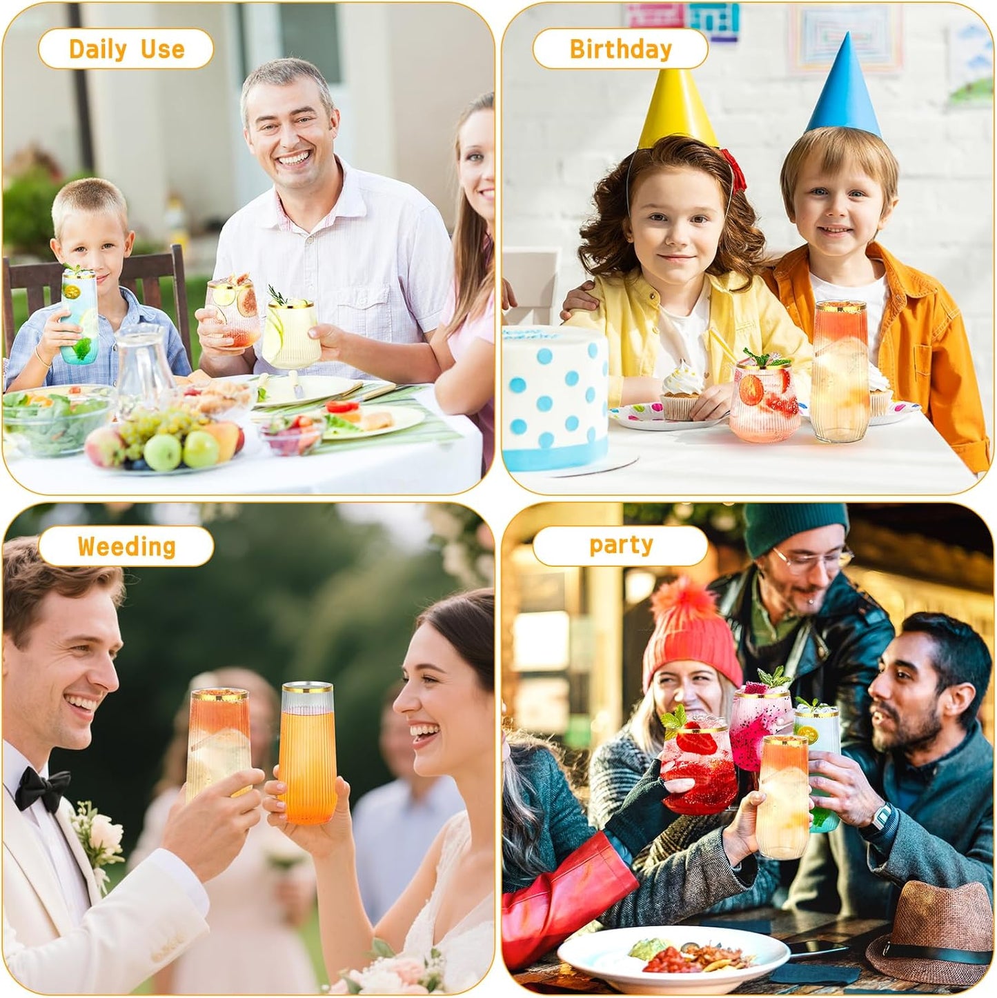 mwellewm 48 Pcs Plastic Wine Glasses Disposable, Cocktail Glasses Set 9 OZ Stemless Champagne Flutes 12 OZ Ribbed Origami Ripple Reusable Party Cup for Wedding Home Office Bar Drinking(Gold Rim)